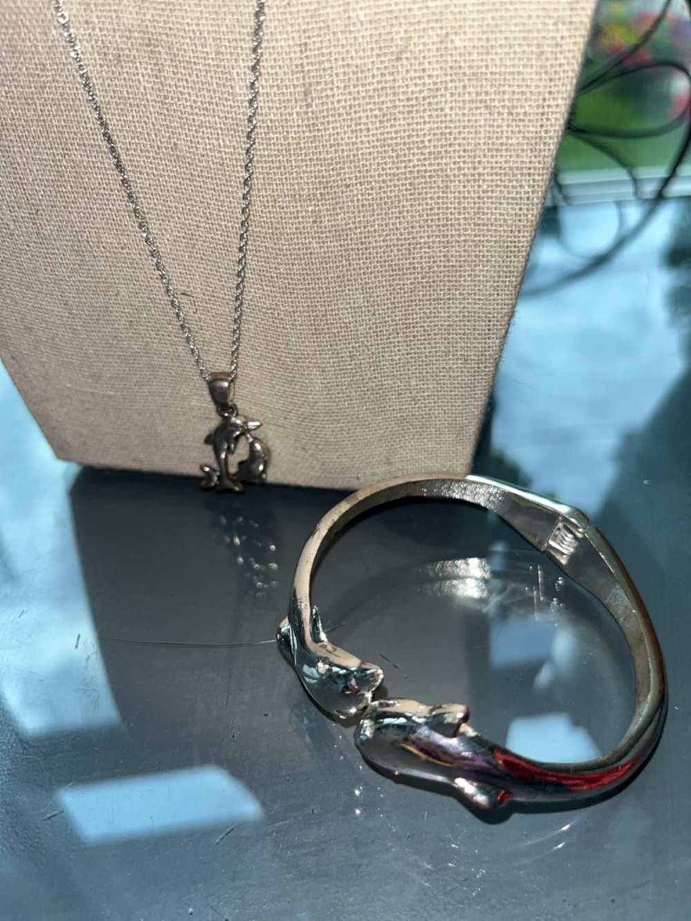 Sterling Silver Double Dolphin Necklace, + Hinged Bangle and Two LENOX Dolphins